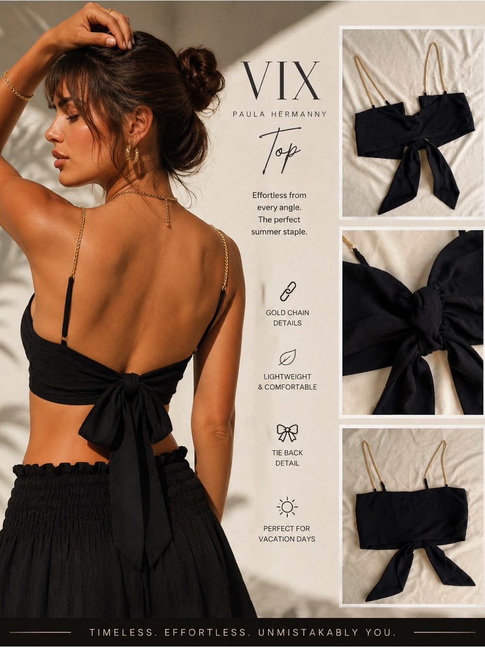ViX Paula Hermanny Dhara Detail Short Top Black Gold Chain Straps NWT Size S